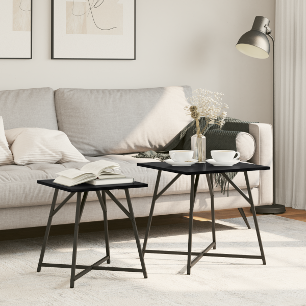 Set 2 mesas auxiliares madera ingeniería roble negro y metal D