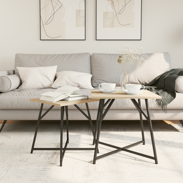 Set 2 mesas auxiliares madera ingeniería roble Sonoma y metal M 4