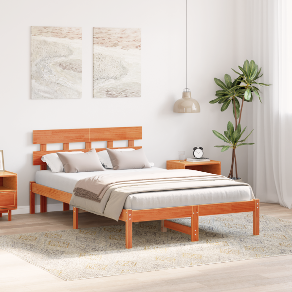 Estrado de Cama com Cabeceira Castanho Encerado 120x190 cm Madeira Sólida de Pinho M 5