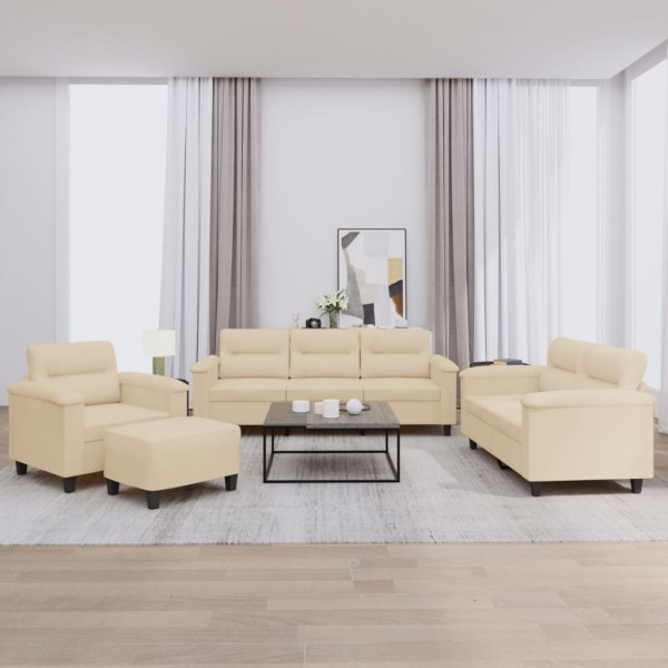 4 pcs conj. sofás c/ almofadões tecido de microfibra cor creme D