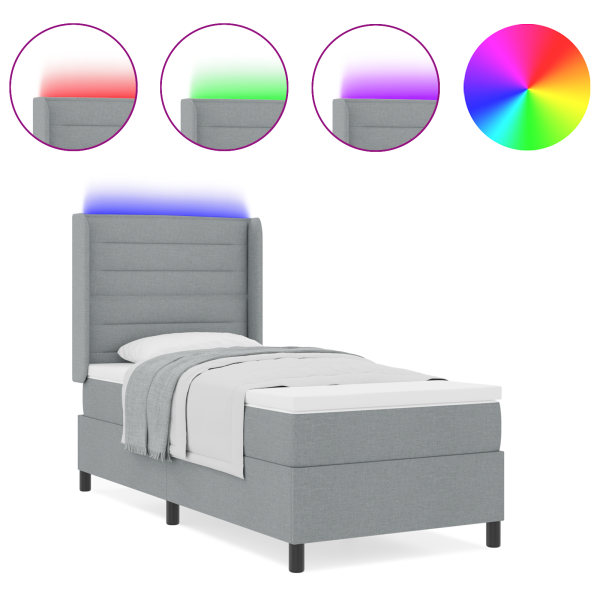 Cama Box Spring com colchão e LED cinza claro 100x200 cm. tecido. M 3