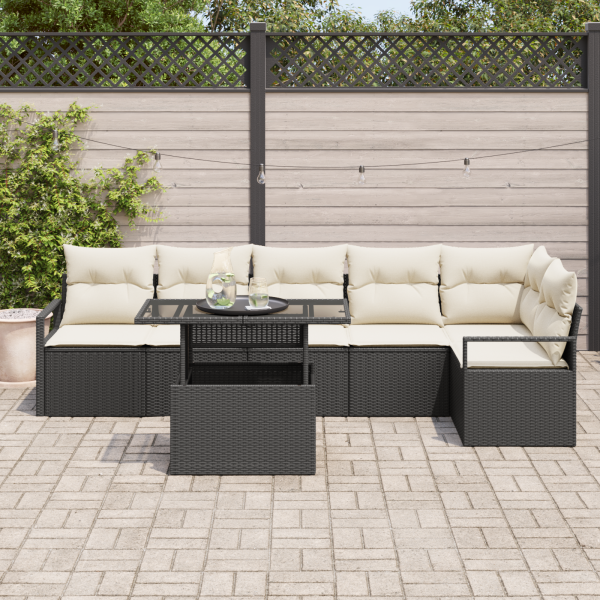 Conjunto de Sofá de Jardim com 7 Peças e Almofadas Pretas em Rattan Sintético M 3
