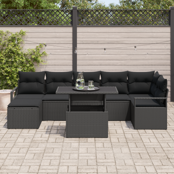 Conjunto de sofá de jardim de 8 peças com almofadas em rattan e poliéster preto M 3