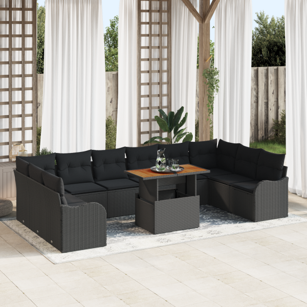 Conjunto de Sofá para Jardim  de 11 Peças com Almofadas Preto Rattan PE Acácia M 4