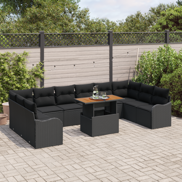 Conjunto de Sofá para Jardim  de 11 Peças com Almofadas Preto Rattan PE Acácia M 5