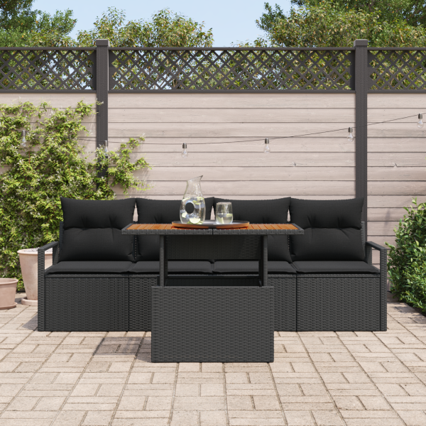 Conjunto de Sofá de Jardim de 5 Peças com Almofadas Pretas de Rattan Acácia M 3