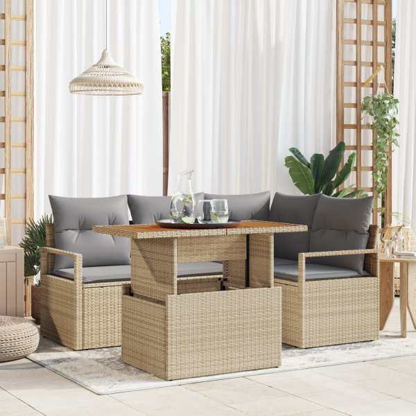 Conjunto de Sofá de Jardín de 5 Piezas con Cojines Beige. Rattan Poliéster Acacia D