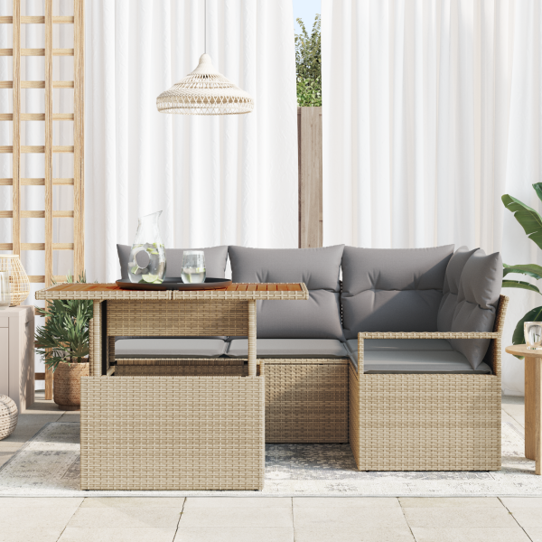 Conjunto de Sofá de Jardín de 5 Piezas con Cojines Beige. Rattan Poliéster Acacia M 3