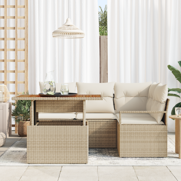 Conjunto de Sofá de Jardim 5 Peças com Almofadas Bege de Rattan Sintético e Acácia M 3