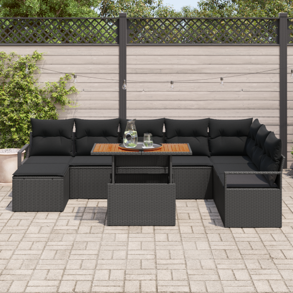 Conjunto de Sofá de Jardim 9 Peças com Almofadas Pretas em Rattan Sintético - Acácia M 3