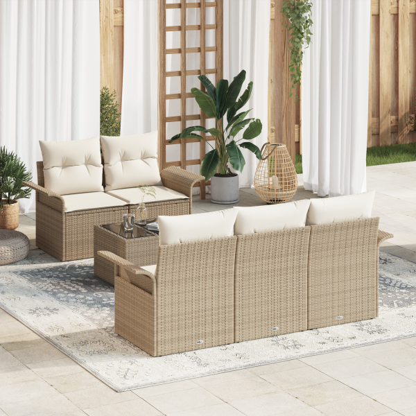 Set de Sofás de Jardín de 6 Piezas con Cojines Beige Ratán Poliester D