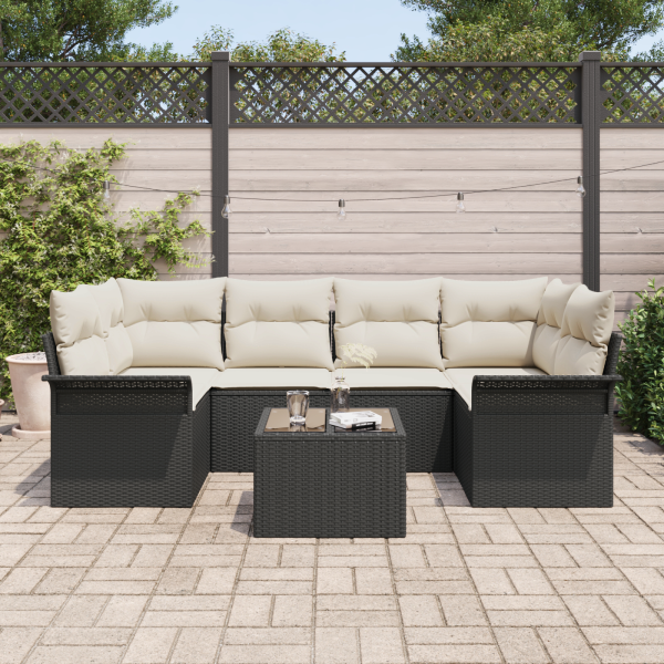 Conjunto de Sofá de Jardim de 7 Peças com Almofadas. Rattan Preto M 3