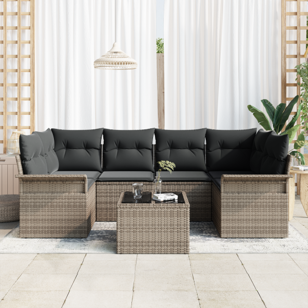Conjunto de Sofá de Jardim de 7 Peças com Almofadas Cinzas de Rattan Sintético M 3