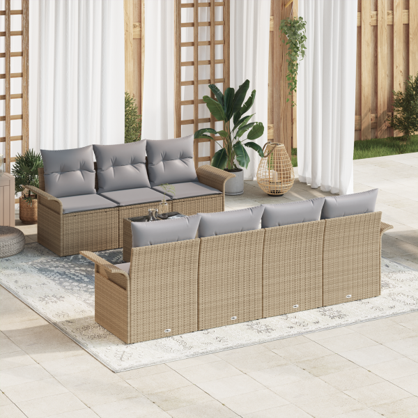 Juego de Sofá de Jardín  de 8 Piezas con Cojines Beige Rattan Poliwicker D