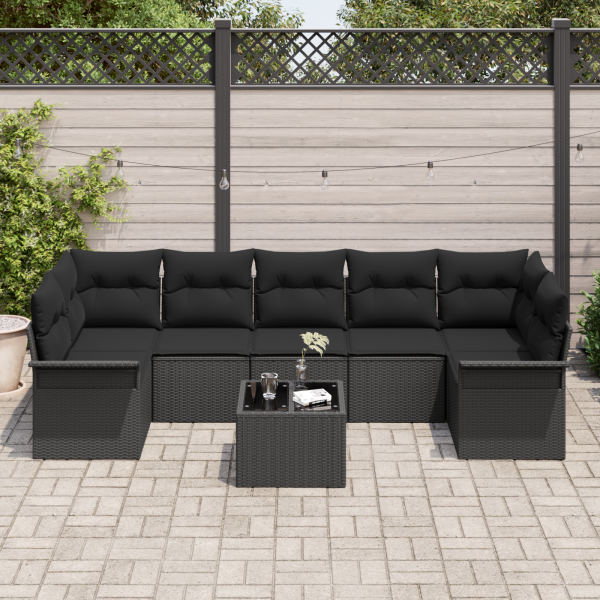 Conjunto de Sofá de Jardim com 8 Peças e Almofadas Pretas em Rattan Polimérico M 3