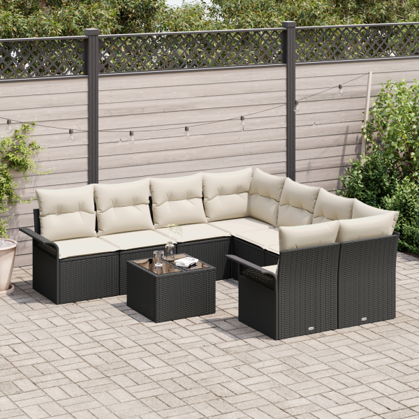 Conjunto de Sofá de Jardim de 9 Peças com Almofadas Preto Rattan M 3