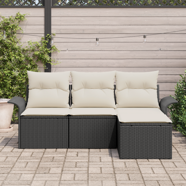 Conjunto de Sofá de Jardim  4 Peças com Almofadas Preto Rattan PE M 3