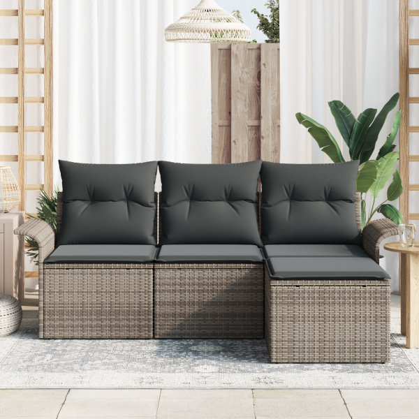 Conjunto de Sofá para Jardim  de 4 Peças com Almofadas Cinza Rattan Sintético M 3