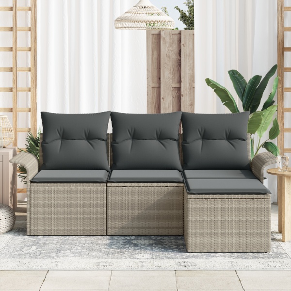 Set de Sofá de Jardín de 4 Piezas  con Cojines Gris Claro Ratán Poliéster M 3