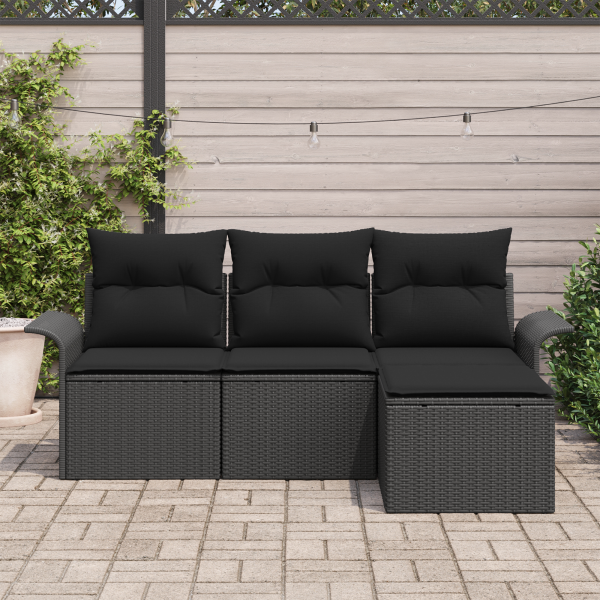 Conjunto de Sofás de Jardim  4 Peças com Almofadas Preto Vime Poliéster M 3