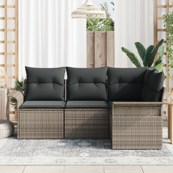 Conjunto de Sofá de Jardim de 4 Peças com Almofadas Rattan Poli Cinza M 3