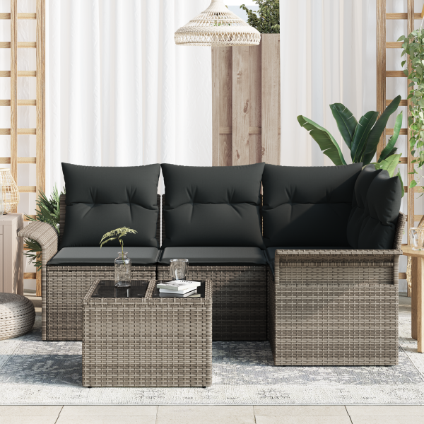 Conjunto de Sofá de Jardim de 4 Peças com Almofadas de Rattan Preto Polirattan M 3