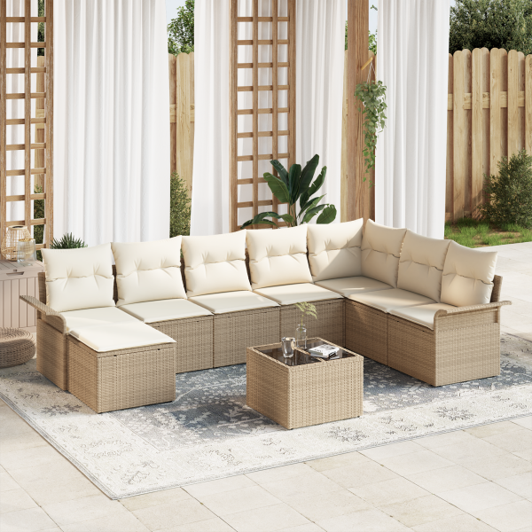 Conjunto de Sofá de Jardín de 9 Piezas con Cojines Beige Rattan Polimérico D