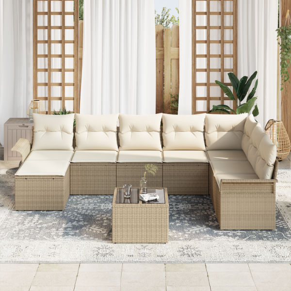 Conjunto de Sofá de Jardín de 9 Piezas con Cojines Beige Rattan Polimérico M 3