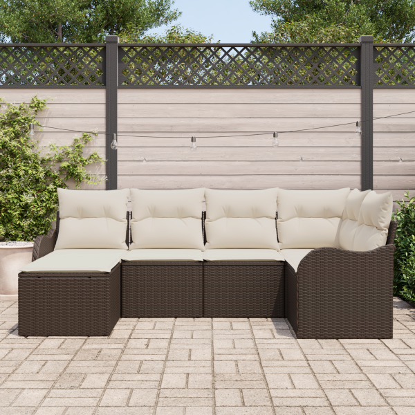 Conjunto de Sofá de Jardim  6 Peças com Almofadas Castanho Rattan Polimérico M 3