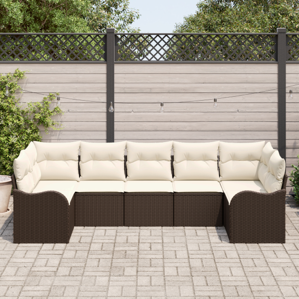 Conjunto de Sofá de Jardim  7 Peças com Almofadas Rattan Poliéster Marrom M 3