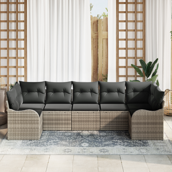 Conjunto de Sofá de Jardim  de 7 Peças com Almofadas Cinza Claro de Rattan M 3