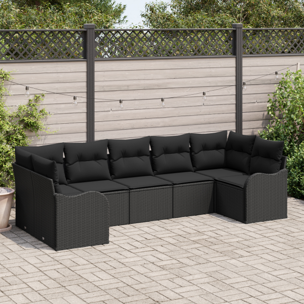 Conjunto de Sofás de Jardim de 7 Peças com Almofadas Preto Rattan Poliéster M 3