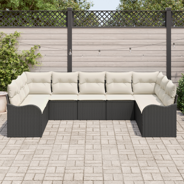 Conjunto de Sofá de Jardim com 9 peças e Almofadas Preto Rattan Poly M 3