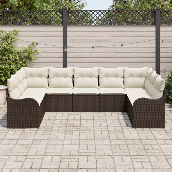 Conjunto de Sofá de Jardim  9 Peças com Almofadas Castanho Rattan Poliéster M 3