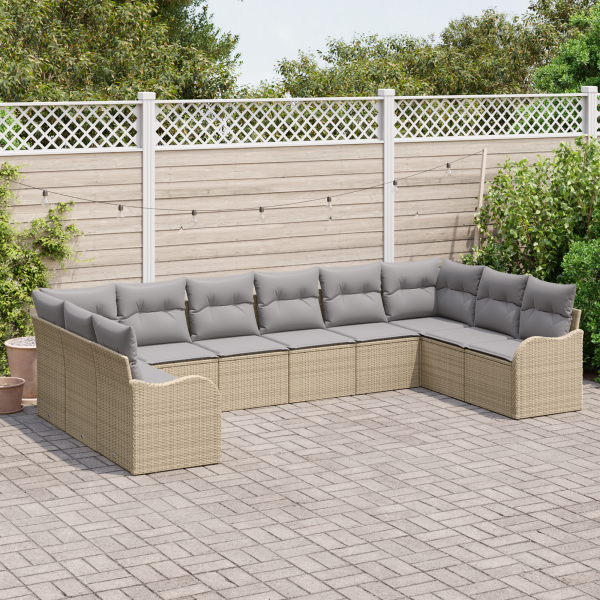 Set de Sofá de Jardín de 10 Piezas con Cojines Ratán Poly Beige D
