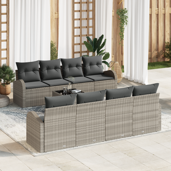 Juego de Sofá de Jardín de 9 Piezas con Cojines Gris Claro Poliratán D