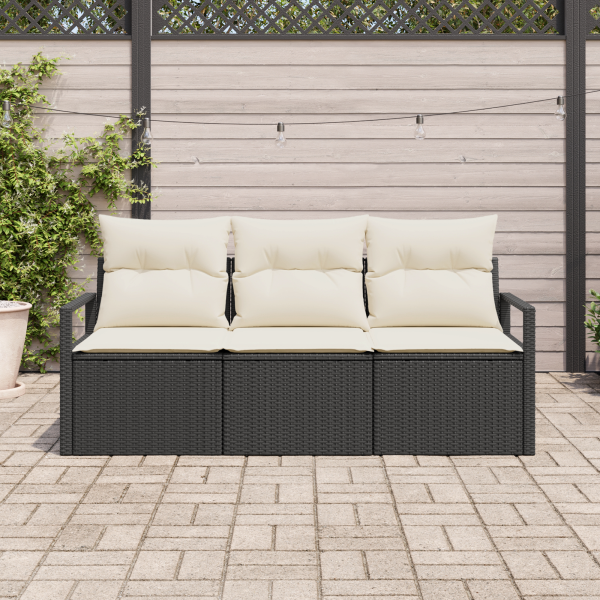 Conjunto de Sofá de Jardim 3 Peças com Almofadas Preto Rattan Poliéster M 3