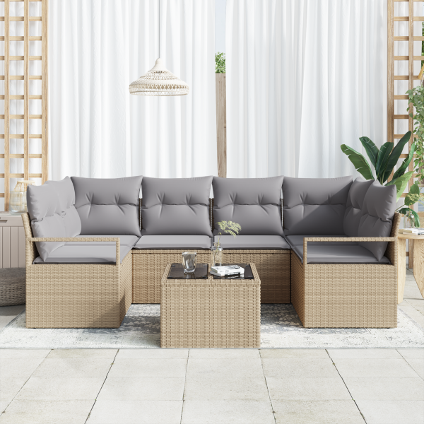 Conjunto de Sofá de Jardim com 7 Peças com Almofadas Bege em Rattan Sintético M 3