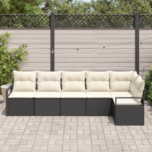 Conjunto de Sofá de Jardim de 6 Peças com Almofadas Preto de Rattan Poliéster M 3