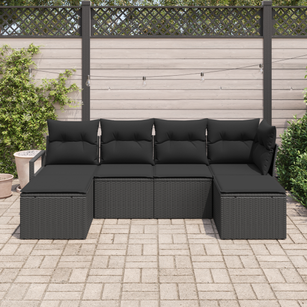 Conjunto de Sofá de Jardim  6 Peças com Almofadas Preto Vime PE M 3
