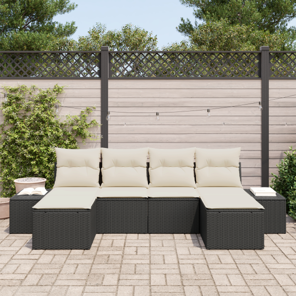 Conjunto de Sofás de Jardim de 6 Peças com Almofadas Preto Vime Poly M 3
