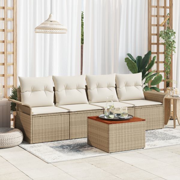 Conjunto de Sofás de Jardín de 5 Piezas con Cojines Beige Rattan Acacia D