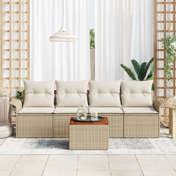 Conjunto de Sofás de Jardín de 5 Piezas con Cojines Beige Rattan Acacia M 3