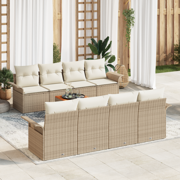 Conjunto de Sofá de Jardín de 9 Piezas con Cojines Beige Poliratán Acacia D