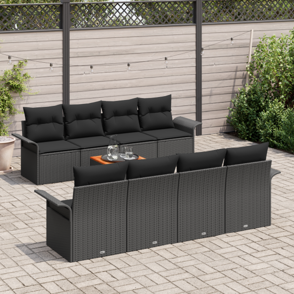 Conjunto de Sofá de Jardim de 9 Peças com Almofadas Rattan Poli Preto Acácia M 3