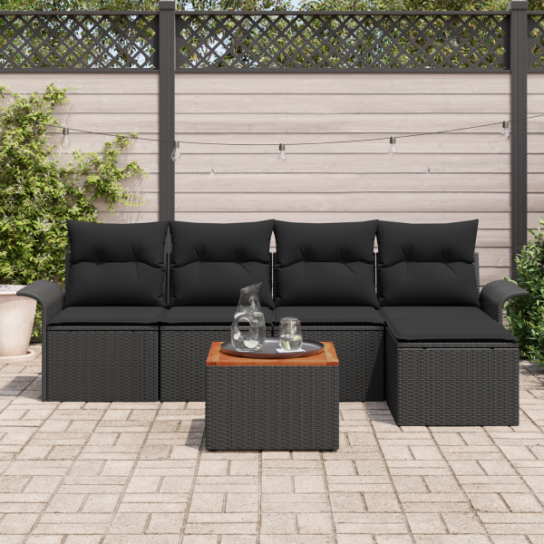 Conjunto de Sofá de Jardim  de 6 Peças com Almofadas Pretas de Vime Poly e Acácia M 3