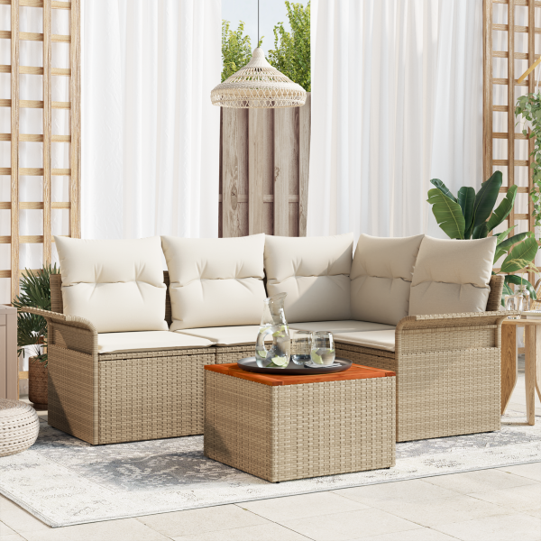 Conjunto de Sofá de Jardín de 5 Piezas con Cojines Beige Poliratán Acacia D
