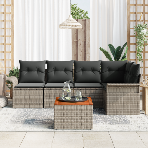 Conjunto de Sofá de Jardim de 6 Peças com Almofadas Cinza Rattan Acácia M 3