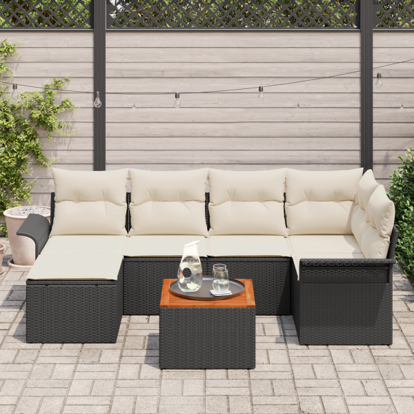 Conjunto de Sofá de Jardim  de 7 peças com Almofadas Preto Rattan Polipropileno Acácia M 3