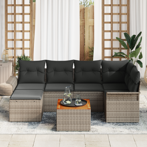 Conjunto de Sofás de Jardim  7 Peças com Almofadas Cinza Rattan Sintético Acácia M 3